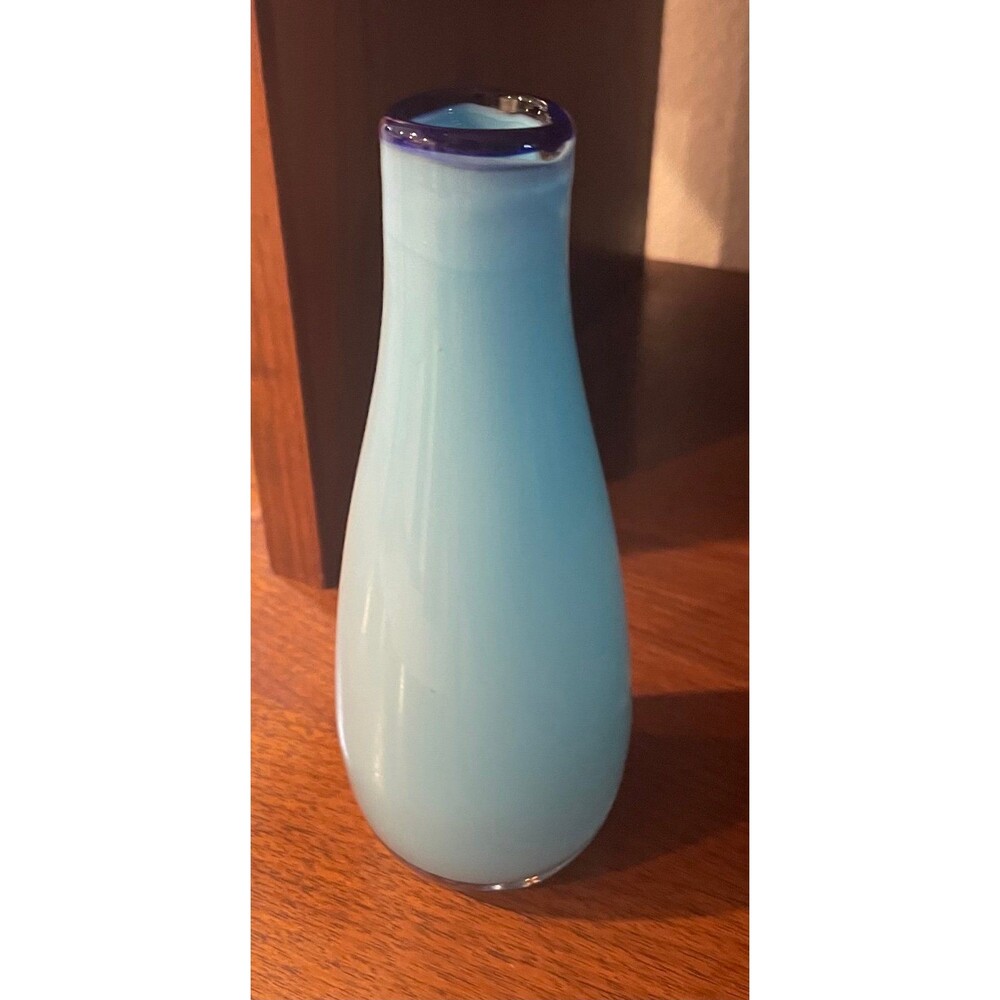 Vintage Hand Blown Light Blue Glass Bud Vase with Cobalt Blue Rim 6”